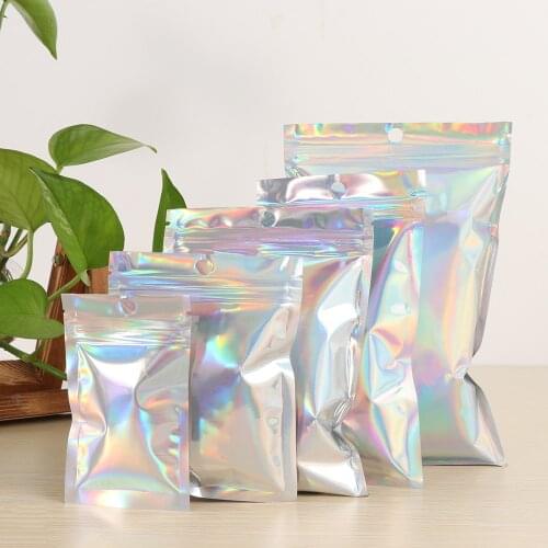 20Pcs Iridescent Zip lock Bags Pouches Cosmetic Plastic Laser Iridescent Bags Holographic Makeup Bags Hologram Zipper Bags GIFTS