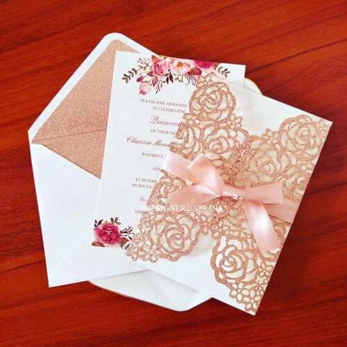 50PC/Lot Pink Gold Flower Personalized Print Wedding Invitation with Peach Ribbon and Glittery Envelope Party Greeting Cards