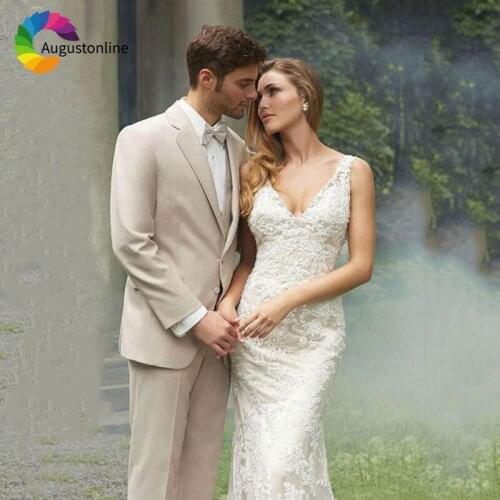 Beige Wedding Men Suits Slim Fit Groom Wear Tuxedos 3 Pieces (Jacket+Pants+Vest) Bridegroom Suits Blazer Prom