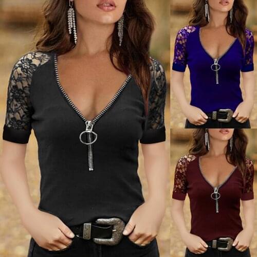 Womens Sexy Blouse Stitching Lace Blouse V Neck Zipper Collar Solid Color Short-sleeved Tops Shirs Summer Female Blouse 2021