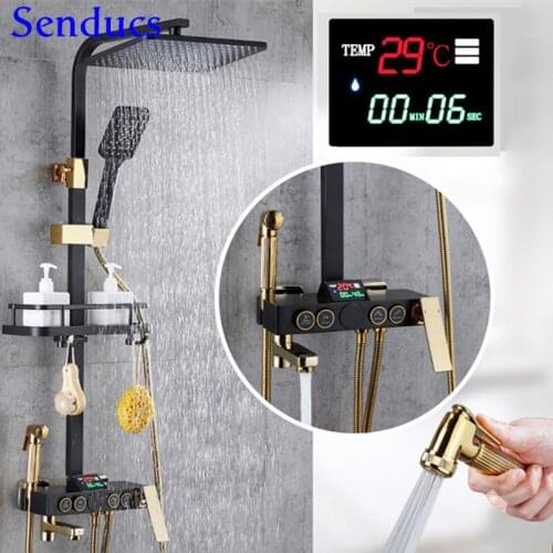 Black Gold Shower Set Inwall Mounted Bathroom Digital Shower Set 12 Inch Spa Rainfall Shower Head Copper Brass Bathtub Faucets