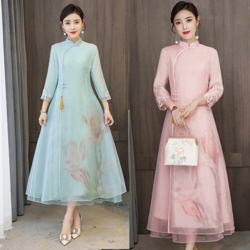 Improved Cheongsam Dress Vintage Tang Suit Women 2021 Spring Autumn Chinese Style Literary Loose Long Dresses Female Clothing