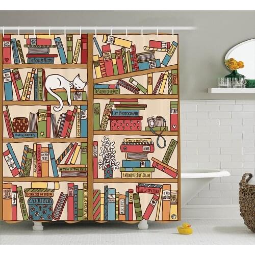 Cat Lover Shower Curtain Nerd Book Lover Kitty Sleeping Over Bookshelf In Library Academics Feline Cosy Boho Bath Curtains