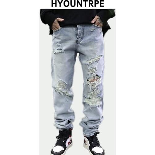 High Street Zipper Denim Jeans Destroyed Ripped Slim Mens Biker Jeans New Men Fashion Streetwear Trousers Hip Hop Pants Joggers
