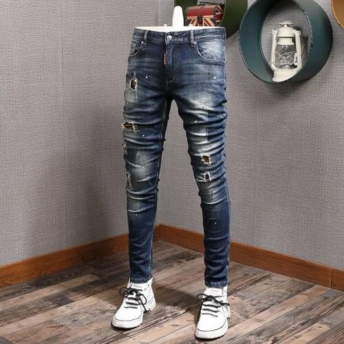 European American Street Fashion Men Jeans Retro Black Blue Elastic Slim Ripped Jeans Men Distressed Destroyed Denim Punk Pants