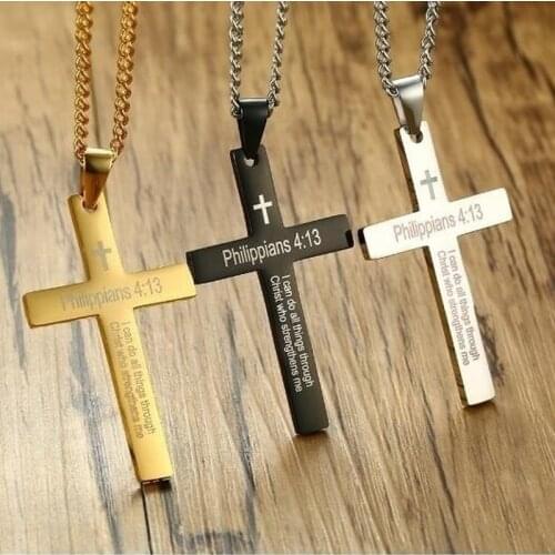 Fashion Trend Philippians Bible Verses Stainless Steel with Chain Men Multi-color Cross Pendant Necklace