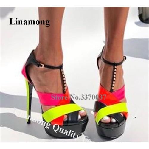 Linamong Newest Open Toe Patchwork High Platform Rivet Stiletto Heel Sandals Mixed-colors Straps Studded High Heel Sandals