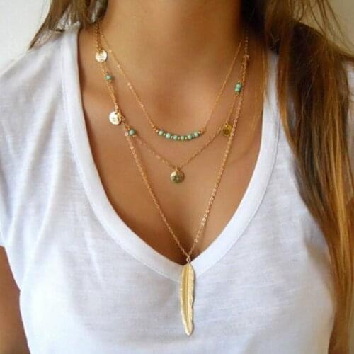 Fashion New Metal Feather Sequins Beads Pendant Necklace Women Personality Multilayer Clavicle Chain Necklaces Jewelry