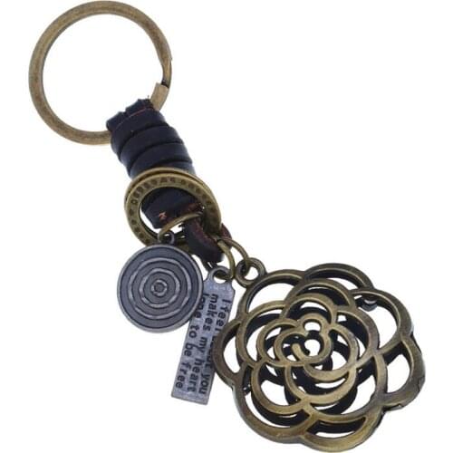 Fashion Women Keychain Metal Hollow Flower Charm Braid Leather Key Chain Car Bag Accessories Jewelry Gift Retro Vintage Keyring