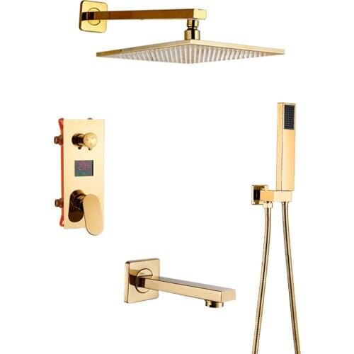 Onyzpily Gold 12''Bathroom Shower Faucet Set Digital Display Rain Bath Shower System Waterfall Shower Bathtub Mixer Tap
