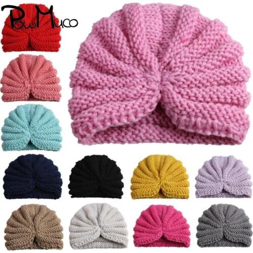 Powmuco 16*14 CM Solid Color Handmade Knitted Wool Baby Girls Hats Fashion Crochet Newborn Turban Caps Kids Hair Accessories