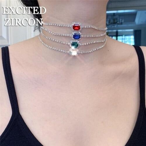 Fashion Green Red Crystal Pendant Necklace For Women Simple Jewelry Statment AB Color Rhinestone Choker Colllar Chain