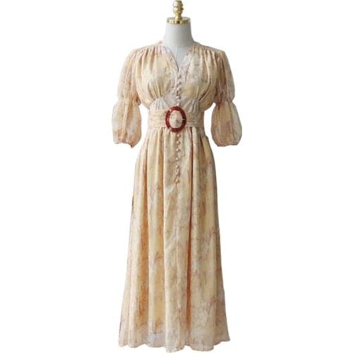 PERHAPS U Yellow Print Dress V Neck Button Sash Puff Sleeve Maxi Long Dress Vintage Retro Elegant D1176