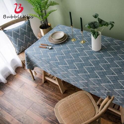 Bubble Kiss Tablecloth Navy Blue Tassel Stripes Simple Modern Style Cotton Polyester Home Decor Anti-Stain Dining Table Cloth