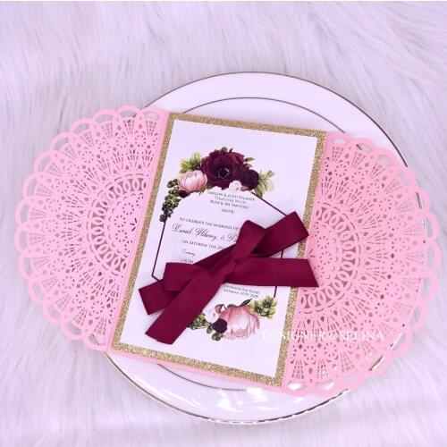 Luxury Pink Wedding Invitations with Gold Glitter Bottom and Burgundy Ribbon Printable Shimmer Laser Cut Quinceanera Invitation