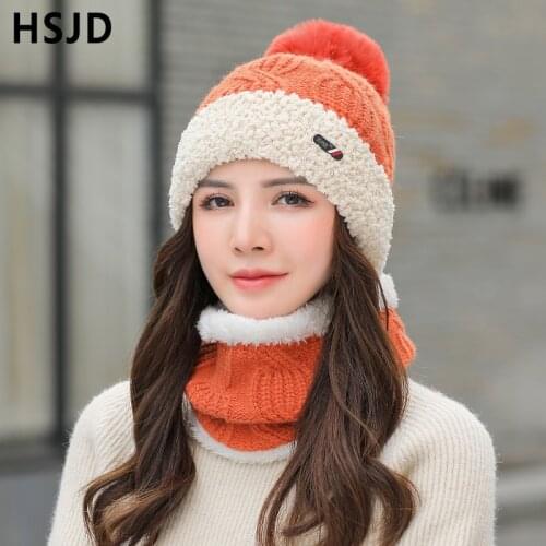 Faux Fur Winter Knitted Hats For Women Solid Color Rabbit Hair Knit Beanie Hat Scarf 2pcs Set Ski Cap Warm Skullies Beanies Caps