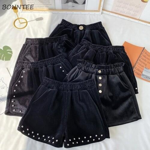 Shorts Women Single Breasted Rivet Elasticity Winter Autumn Warm Vintage Retro High Waist Chic Loose Trousers Leisure Trendy Ins
