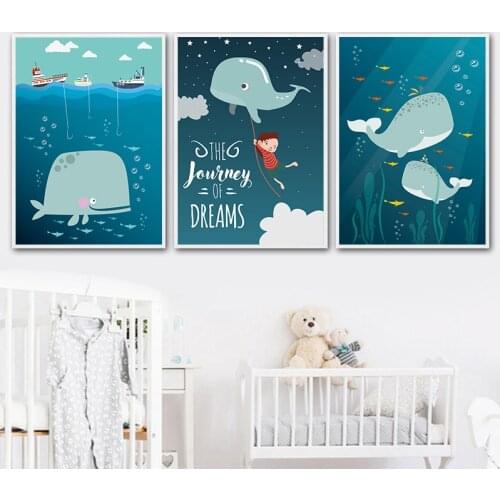Nordic Cartoon Whale Art Canvas Painting Poster Blue Ocean Print Wall Painting Picture For Baby Bedroom Nursery Home Decor AL114