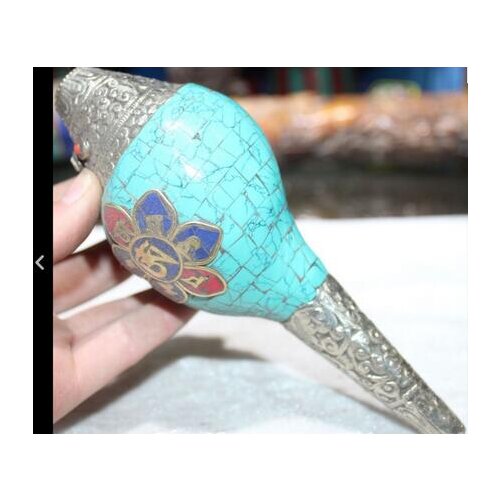 Fairy Decorative Handmade Tibet Silve Tibetan Turquoise Silver Scripture Words musical instrument Conch Horn Trumpet Statue