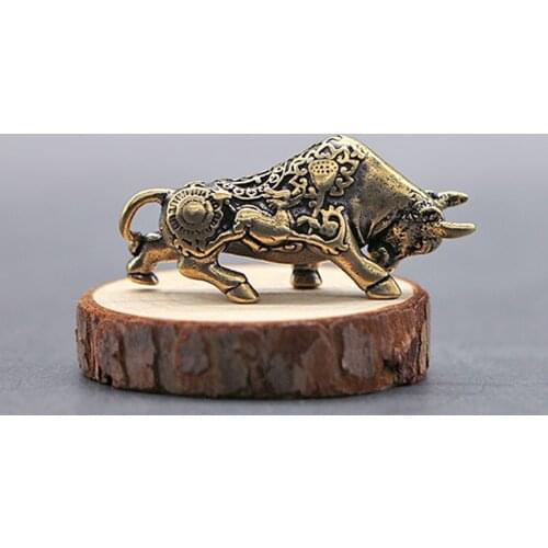 Vintage Small Brass Ox Bull Figurine Statue Lucky Wealth Feng Shui Ornament for Home Office Desktop Decoration DIY Pendant Gift