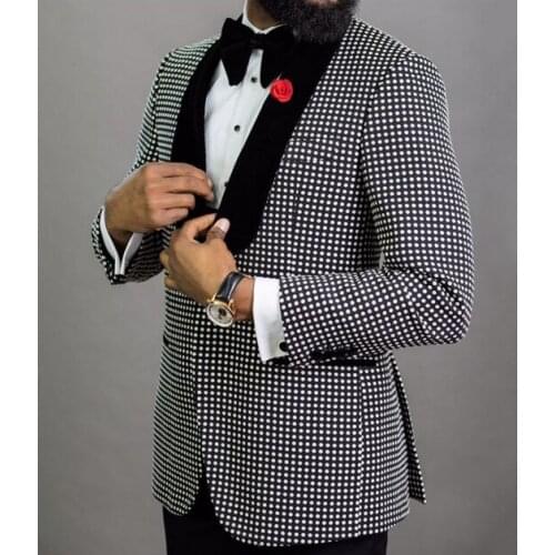 Navy Dot Groom Tuxedos Black Velvet Shawl Collar Mens Working Suit Prom Party Clothes Sets (Jacket+Pants+Bow Tie) W:503