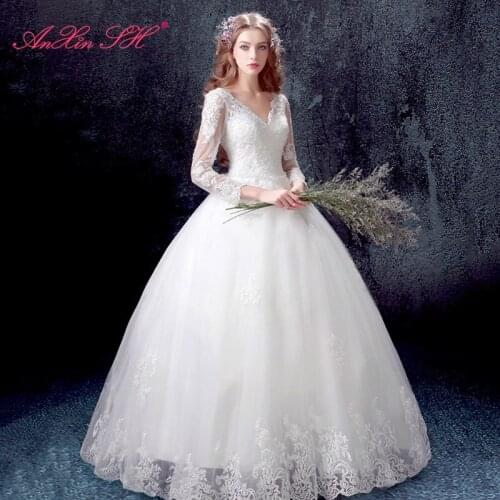 AXJFU Sexy v neck white lace ball gown wedding dress vintage princess illusion long sleeve white flower bride wedding dress 7683