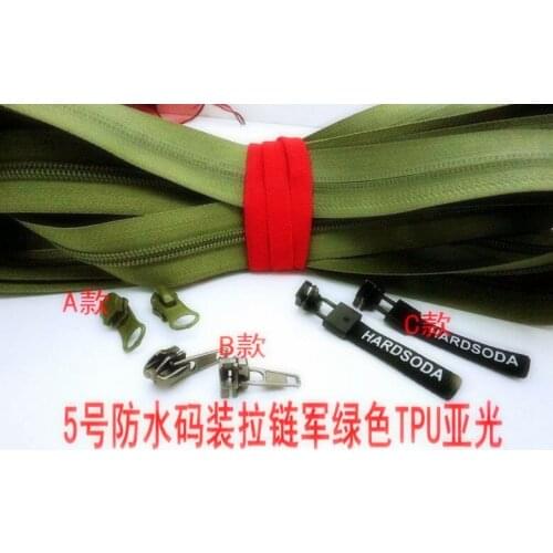 Waterproof zipper for sewing 5# for outdoor bags luggage tent yatch sports wear zipper 10meters with 5pcs slider green TPU zip