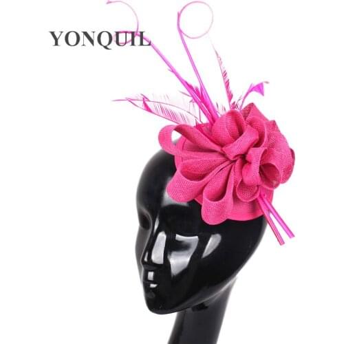 Imitation Sinamay Fascinator Hat with Ostrich Pole Wedding Headwear Party Headpieces Derby Hair Accessories New Arrival 17 Color