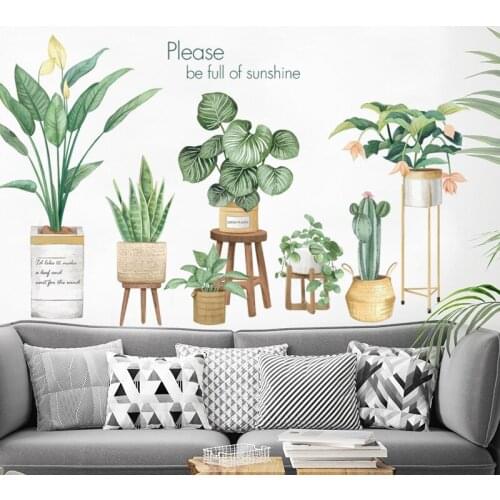 Green Plant Wall Sticker Living Room Nordic Style Bedroom Decoration Aesthetic DIY Art Decals Self-adhesive Wallpaper