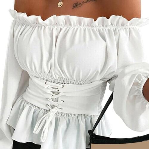 Women Autumn Casual Solid Color Long Sleeve Ruffled Hem Off Shoulder Top Blouse