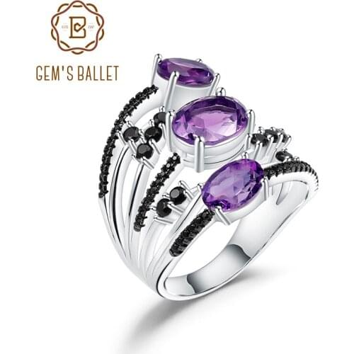 GEMS BALLET Classic 925 Sterling Silver Finger Triple Rings 3.42Ct Oval Natural Amethyst Gemstone Ring For Women Fine Jewelry