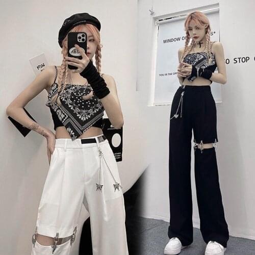 Splice Wide Leg Pants Womens Summer Punk Design Straight Leg Trousers High Street Thin Patchwork Casual Pants with Belt Chain