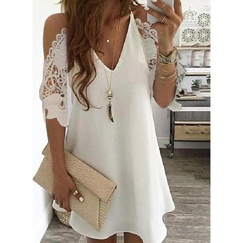 2020 Women Elegant Fashion Casual Summer Loose V Neck Lace Solid Mini Dress Cold Shoulder Crochet Lace Hollow Out Casual Dress