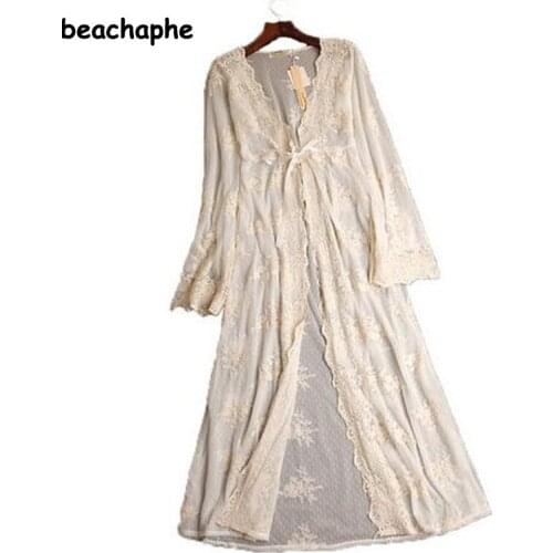 2021 Spring Summer Elegant White Lace Hollow Out Long Sleeve V-Neck Sexy Femininos Maxi Long Split Beach Dress