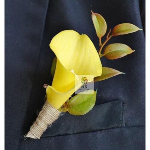 4Pcs/lot yellow calla lily flower Wedding Groomsman Groom Boutonniere Party Prom Man Corsage PU Calla Lily Men Suit Brooch Pin