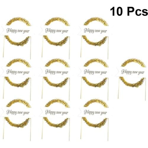 10Pcs Cake Toppers Happy New Year Golden Fruit Decorating Supplies Dessert Toppers for Holidays Festivals New Year Party
