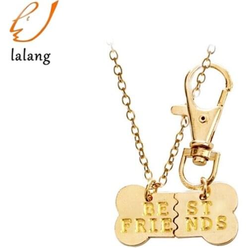 2pcs/set Creative Gold Color Dog Bone Best Friends Charm Necklace & Keychain BFF Bones Friendship Jewelry Stitching Pendant