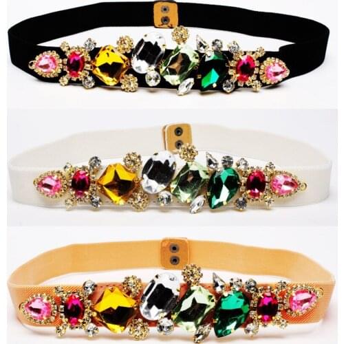 2019 New fashion color Crystal elastic belt Womens Brand Elastic Waistband Female wide Belts For Women Dress accessories SW58