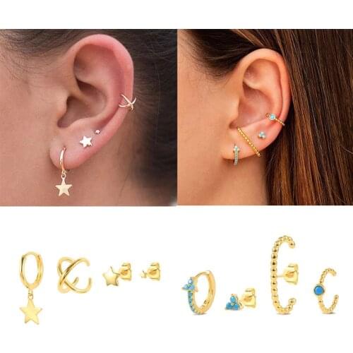 Aide 3/4/5 pcs/set Star Ear Studs Pendant Drop Earrings Set Cross Ear Cuff Blue Turquoise Pave Hoop Earrings Beads Line Ear Wrap