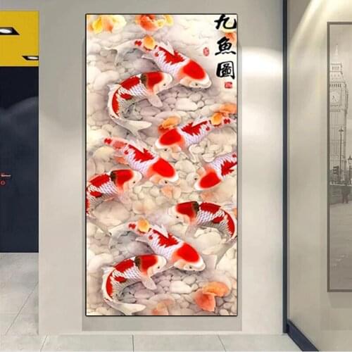 Abstract Nine Koi Fish Lotus Chinese Style Canvas Painting Poster Wall Art Painting for Living Room Home Decor Cuadros Gift