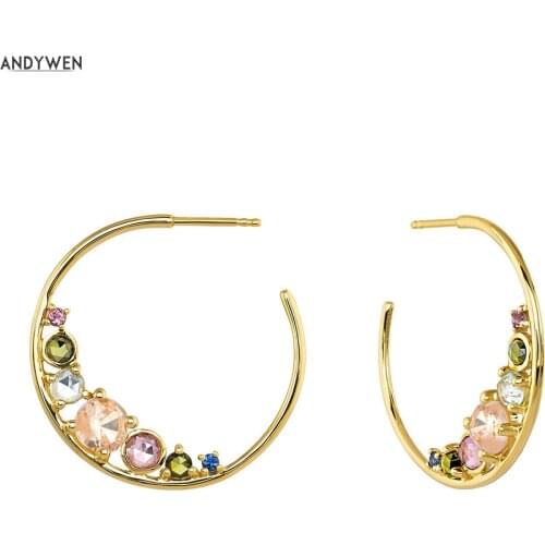 ANDYWEN 925 Sterling Silver Gold 22mm Zircon CZ Hoop Rainbow CZ Rainbow Circel Loops Pendiente Luxury Jewelry Clips Earrings