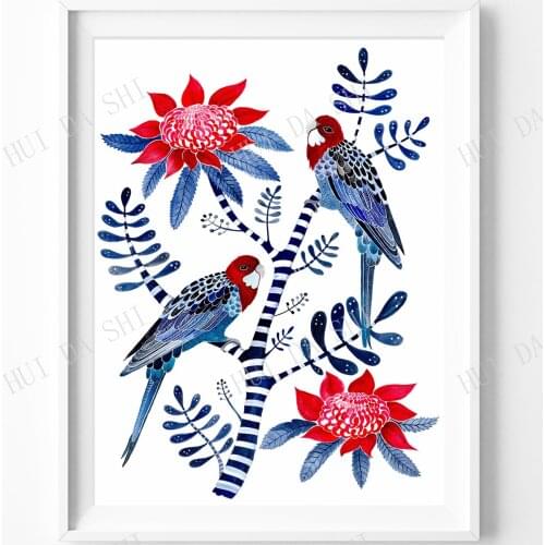 Australia wall art, Rosella, Parrot, Waratah, Native flowers, crimson rosella, Illustration, Hamptons decor, Bird print
