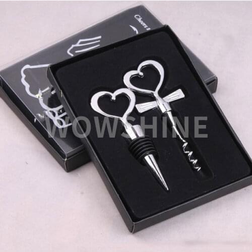 Free shipping Carton box red wine bottle opener set bottle stopper and bottle opener kit gift heart shape