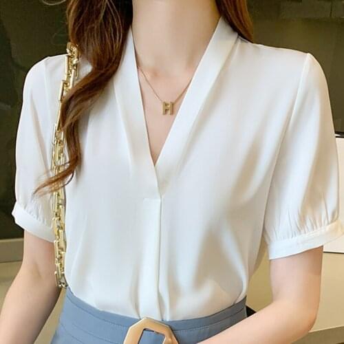 Blouses Femme Top Short Sleeve White Blouse Women Blusas Mujer De Moda 2021 V-Neck Office Lady Chiffon Blouse Shirt Tops E892