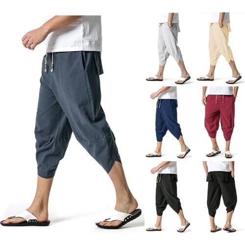 Harem Cropped Pants Men Japanese Casual Cotton Linen Trouser Man Jogger Pants Chinese Baggy Pants