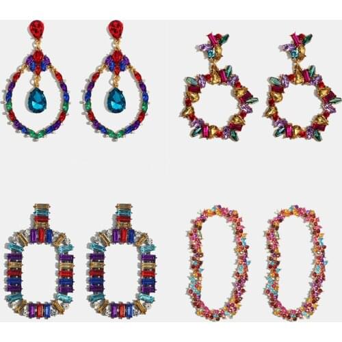 Flatfoosie Fashion Crystal Long Dangle Earrings For Women Boho Geometric Round Square Multicolored Drop Earrings Vintage Jewelry