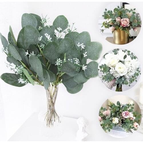 5pcs Artificial Plants Green Eucalyptus Leaves DIY Bridal Bouquet Fake Flowers For Home Garden Party Wedding Flower Decorations