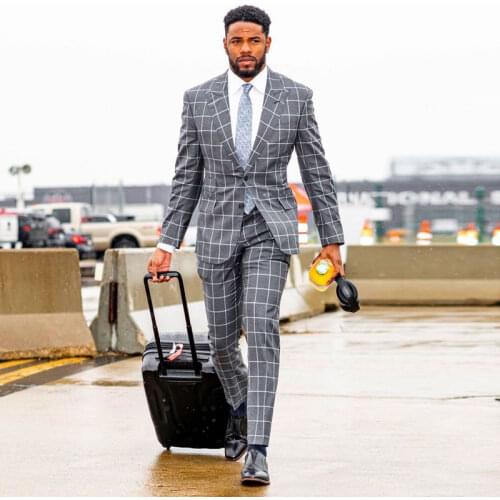 Gray Damier Check Two Pieces Mens Suit Slim Fit Wedding Blazers Peaked Lapel Male Tuxedos Groom Wear Prom Jackets And Pants