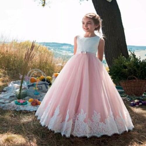 Lovely Lace Applique Flower Girl Dresses Soft Tulle O-Neck Kids Evening Gowns Girl Prom Holy Communion Pageant Dresses