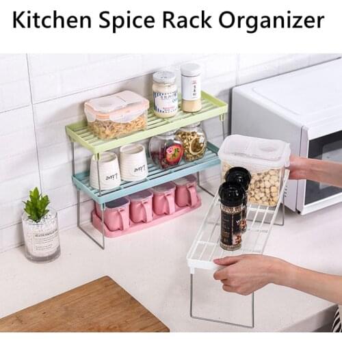 Kitchen Adjustable Storage Rack Metal Cupboard Storage Shelf Non-Skid Spice Rack Single Layer Kitchenware Organizer Saving Space
